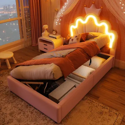 Produktbild von Polsterbett, Prinzessinnenbett in Kronenform mit verstellbarem Kopfteil, LED-Lichtband & hydraulischem Stauraum, Ohne Matratze, PU, 90x200cm, Rosa