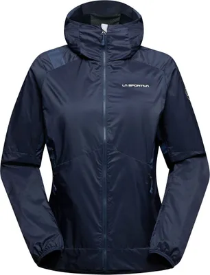 Dunkelblaue Insulationsjacke für Damen von La Sportiva; mit Kapuze und Reißverschluss.