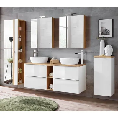 Produktbild von Badmöbel Set mit Doppel-Waschtisch inkl. 2 Keramik-Aufsatzbecken TOSKANA-56 Hochglanz weiß/Wotaneiche BxHxT ca. 260/190/46cm