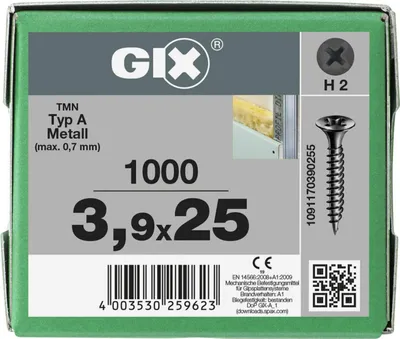 Immagine prodotto di SPAX GIX-A filettatura a passo fine, 3,9 x 25 mm, 1000 pezzi, completamente filettati, testa a tromba, incavo trasversale H2, punta ad ago - 1091170390255