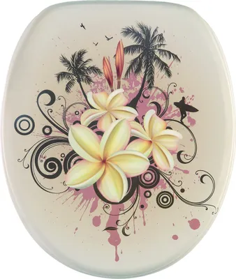 A toilet seat with a tropical design featuring palm trees, plumeria flowers, and a surfer.