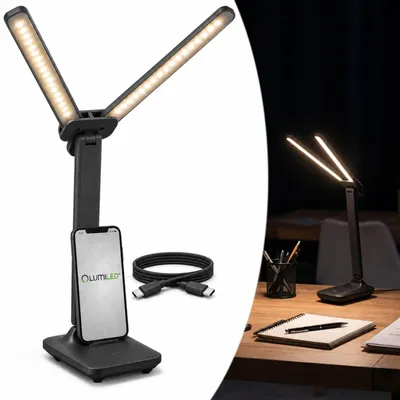 Zdjęcie produktu dla LUMILED LED lampka biurkowa LEPUS 9W, możliwość regulacji jasności, 3 barwy światła, uchwyt na telefon, kolor czarny. Lampka biurkowa z 2 ruchomymi ramionami, 360 lm, 3000K/4500K/6500K, złącze USB-C i wbudowanym uchwytem na telefon