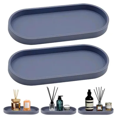 Produktbild von 2 Stück Ovales Badezimmer Tablett, 25 X 11 cm Silikon Deko Tablett in Grau für Badezimmer, Ablageschale für Schminktisch, Feuchtigkeitsdichtes Badezimmer Tablett für Seifenspender, Handtuch, Kerzen