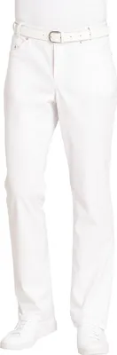 A full-body shot of white pants and a white belt.