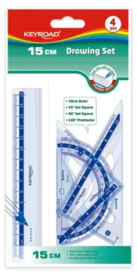 Obrázok produktu pre Plastová priehľadná geometrická súprava KEYROAD - 15 cm pravítko, uhlomer, uhlomer