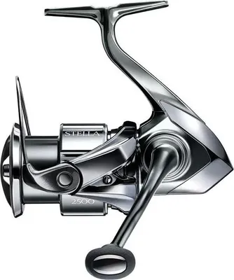 A studio shot of a fishing reel against a white background.
