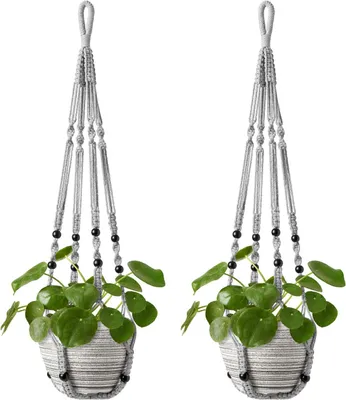 Produktbild von Makramee Pflanzenhänger, 89 cm, 2er Set, mit Holzperlen, grau, für Balkon und Garten