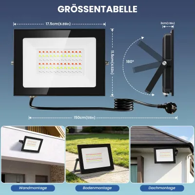Immagine prodotto di Faretto LED RGB per esterni - 50 W - Confezione da 2 - Grado di protezione IP66 - Cambio colore - 220–240 V - Con spina