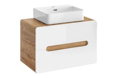 A modern bathroom vanity with a sink on top, set against a white background.