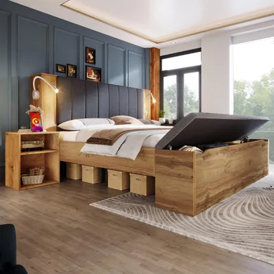 Immagine prodotto di Letto matrimoniale 160x200, con testiera pieghevole, contenitore, 2 comodini, panca da letto con contenitore, lampade USB, rete a doghe, senza materasso.