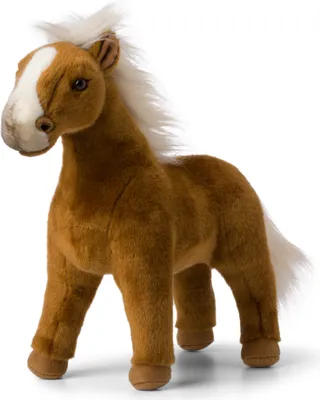 A plush toy horse standing on a white background.