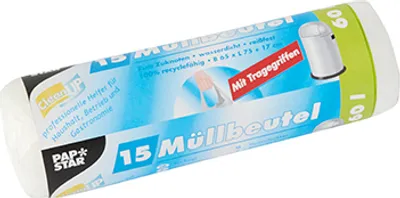 Produktbild von Papstar Müllbeutel mit Tragegriffen, HDPE 60 l 75 cm x 65 cm transparent, 20 x 15 Stück
