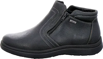 A black leather boot is shown against a white background.