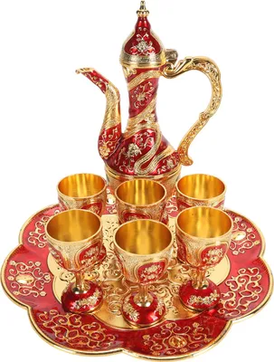 Imagen del producto de Juego de té turco vintage, multifuncional, de aleación de zinc, que incluye tetera, tazas y bandeja para servir, ideal para fiestas, cumpleaños o bodas. Disponible en dorado y rojo