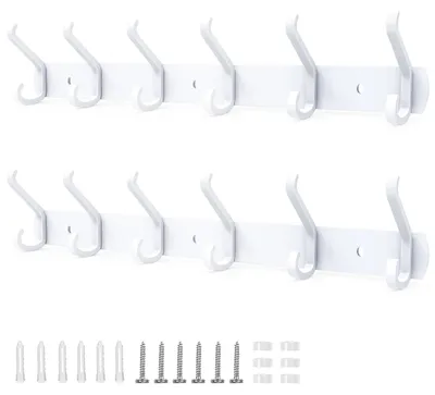 Image de Porte-manteau mural avec 6 crochets, lot de 2, 54 cm, crochets en métal, porte-manteau pour chambre, salle de bains, cuisine, armoire, porte-manteau mural (blanc)