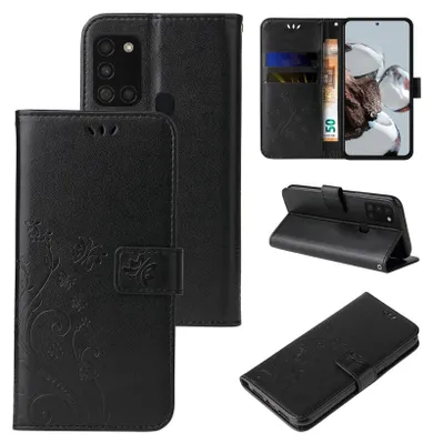 A collage of images showing a black flip phone case with floral and butterfly embossing, and a phone inserted into it.