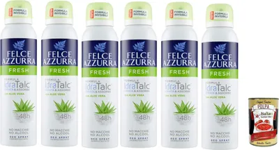 Produktbild von Felce Azzurra Deodorant deo Spray Fresh mit Aloe Vera, IdraTalc Formel, 48 Stunden Wirksamkeit, Fleckenlos 6x 150 ml + Italian Gourmet polpa 400g