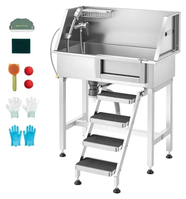 Produktbild von Hundewaschstation aus Edelstahl - Hundebadewanne - 87 x 49 x 112 cm - Bis 100 kg - Mit rechter Schiebetür und Treppe - Inkl. Duschkopf & Abfluss - Für kleine & mittlere Hunde