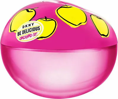 A pink perfume bottle with yellow apple illustrations and branding.