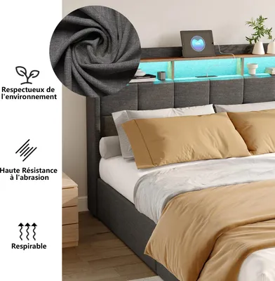 Zdjęcie produktu dla Łóżko tapicerowane – łóżko podwójne 140 x 200 cm – schowek z 4 szufladami – oświetlenie LED i stacja ładująca – drewniana rama – kolor szary