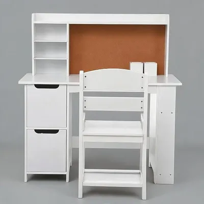 Imagen del producto de Juego de escritorio y silla para niños – Escritorio escolar con estantería, panel de anuncios y armarios, color blanco, para niños y niñas de 3 a 8 años – Color: Blanco