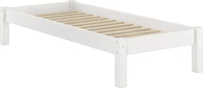 A white wooden bed frame with a slatted base, shown from a diagonal angle against a white background.