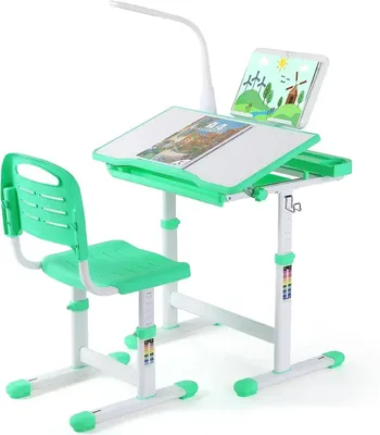 Obrázok produktu pre Ergonomický detský písací stôl – detský písací stôl so stoličkou – nastaviteľný stôl – LED lampa na čítanie – naklápateľná pracovná doska