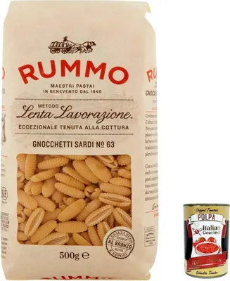 Produktbild von 5x Rummo Gnocchetti Sardi N°63 Pasta Lenta Lavorazione Teigwaren aus Hartweizengrieß Bronze-Zeichnung 500g + Italian Gourmet polpa 400g