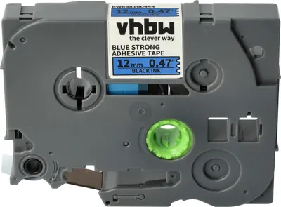 Produktbild von vhbw Schriftband-Kassette kompatibel mit Brother PT H108, H108GT, H110BK, H110 Etiketten-Drucker 8m x 12mm Schwarz auf Blau, Extra Stark, Laminiert