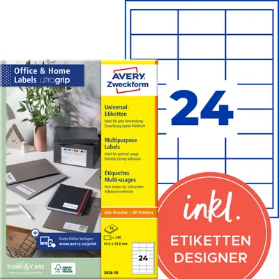Produktbild von Avery Zweckform 3658-10, Etiketten, Home Office, Kleinpackung, A4, Qualitätsdruck mit: ultragrip, 64,6 x 33,8 mm, 240 Etiketten / 10 Bögen, weiß
