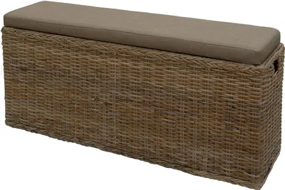 Produktbild von KRINES HOME Breite schmale Sitztruhe / Sitzbank mit Wäschefach aus Natur-Rattan mit gepolstertem Sitz (Grau Natur)