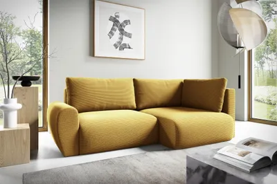 Productafbeelding van Eckbank met slaapfunctie, model GALAN MINI, bekleding: stof Poso, kleur: honinggeel, met ottoman aan de rechterkant