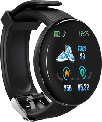 A close-up shot of a black smartwatch with a round display showing various fitness metrics.