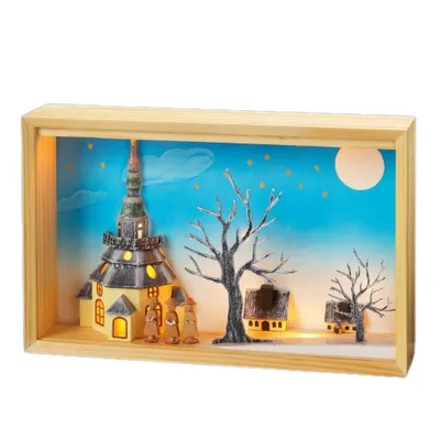 Produktbild von LED Leuchtbild Holz Deko Weihnachten Kirche Motiv Winter warmweiß 10 LED Trafo