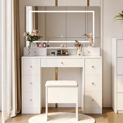 Immagine prodotto di Comò da trucco INONEFT con illuminazione LED, luminosità regolabile, dotato di 9 cassetti, con 1 sgabello, colore bianco