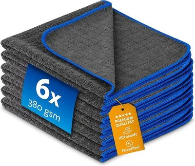 Obrázek produktu pro Sada 6 profesionálních mikrovláknových utěrek Unyqoos® – 380 GSM – extrémně savé, bez vláken a šetrné k lakům, rozměr 40 x 40 cm, vhodné pro automobily a motocykly