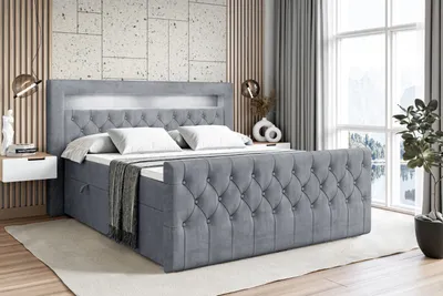 Produktbild von ALTDECOR Boxspringbett mit LED-Beleuchtung Matratze (20 cm hoch) und Topper (4 cm hoch), Polsterbett mit Kopfteil und Bettkasten - AURORA - 180x200 - H3 / Grau Samt