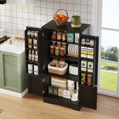 Image de OKWISH Buffet avec LED - 4 Portes et Étagères Réglables, Meuble de Rangement Multifonction pour Cuisine ou Salon, MDF, 60x40x120 cm, Noir