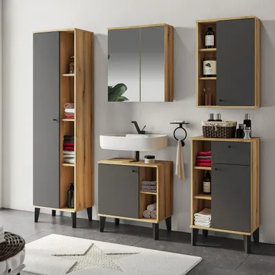 Produktbild von Badmöbel-Set 5-teilig mit Waschbeckenunterschrank 60 cm, Spiegelschrank, in Eiche mit grau OLEAN-61