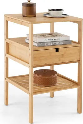 Produktbild von Nachttisch aus Bambus, Beistelltisch mit 3 Ablagen & 1 Schublade, 3-stufige Nachtkommode, Couchtisch für Schlafzimmer Wohnzimmer Arbeitszimmer, 40 × 40 × 68 cm, Natur