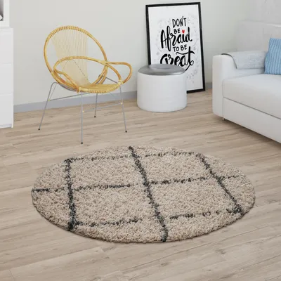 Produktbild von Hochflor Teppich Wohnzimmer Shaggy Skandinavisches Rauten Muster Beige Grau Grösse Ø 200 cm Rund
