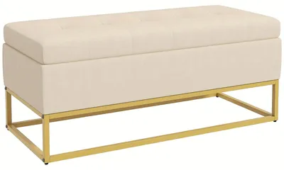 Immagine prodotto di Panca contenitore - Panca - Panca imbottita - Panca piccola - Divano in velluto - Rivestimento beige - Gambe in metallo dorato