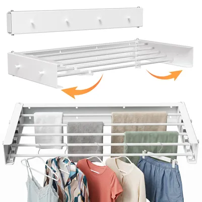 Obrázek produktu pro Eikuavons, skládací nástěnné sušák na prádlo, 80 cm, odolný vůči povětrnostním vlivům, vhodný na balkon, terasu i do interiéru, s povrchovou úpravou odolnou proti korozi, 5 tyčí, nosnost 25 kg, bílá barva