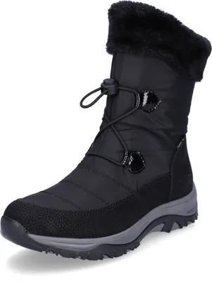 A black winter boot with fur trim is shown against a white background.