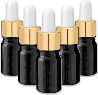 Produktbild von 5x Schwarze Glasflasche 5 ml mit goldener Pipette Tropfflasche 18 mm