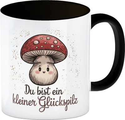 Produktbild von Pilz mit Gesicht - Glückspilz Kaffeebecher in schwarz