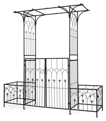 Obrázok produktu pre COSTWAY Ružový oblúk 200x56x206 cm, kovový, záhradný oblúk s dverami a 2 kvetinovými kvetináčmi, bránový oblúk, oporný oblúk pre popínavé rastliny, opora, mreža, ružová pergola