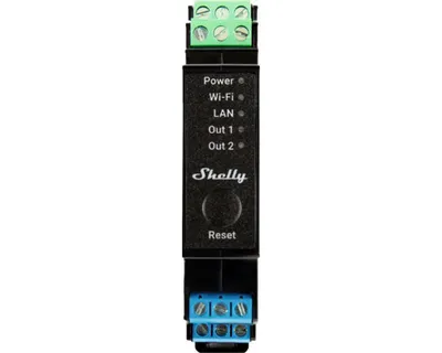 Produktbild von Shelly Pro 2PM, Halbleiterrelais, Schwarz, 802.11b, 802.11g, Wi-Fi 4 (802.11n), 2,483 GHz, 30 m, 13,34 dBmW