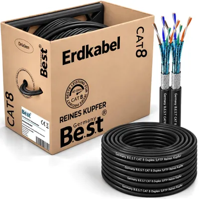 Produktbild von B.E.S.T. 100 m CAT 8.1 Duplex Outdoor Netzwerkkabel S/FTP 40 Gbit/s 2000 MHz AWG 23/1 Kupfer PE Schwarz