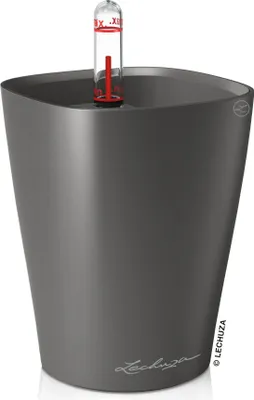 A gray planter with a water level indicator.